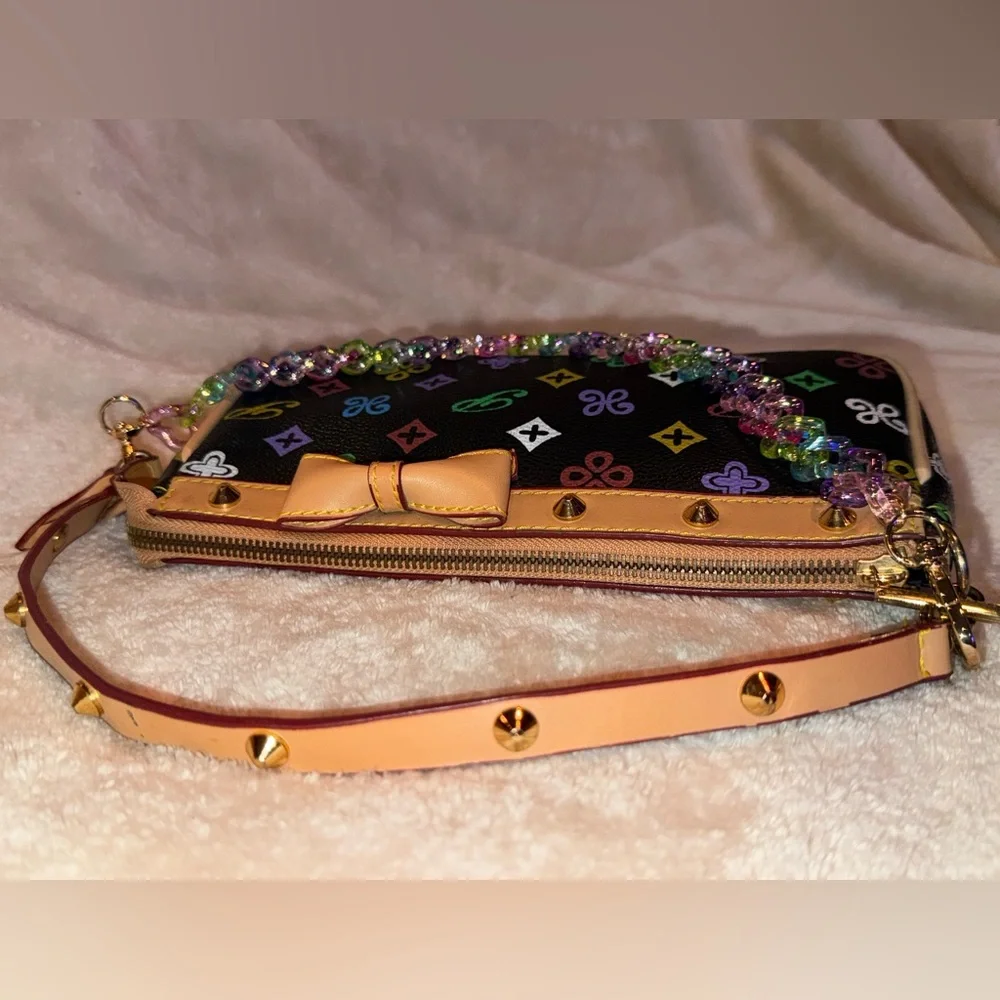 Black Multicolor Studded Monogram Shoulder Bag Tan Trim Bow Detail W Bag Chain! - Picture 9 of 12